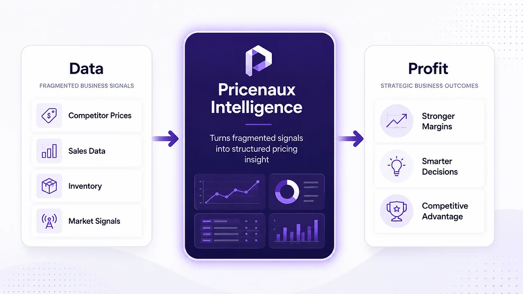 Pricenaux framework showing how competitor prices, sales data, inventory and market signals become clearer pricing decisions.