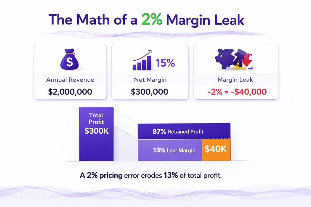 Infographic showing how a 2% pricing error on $2M annual revenue can create a $40,000 profit leak.