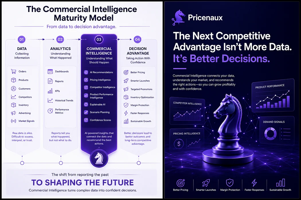 The Pricenaux Commercial Intelligence Maturity Model showing progression from Data to Analytics, Commercial Intelligence and Decision Advantage.