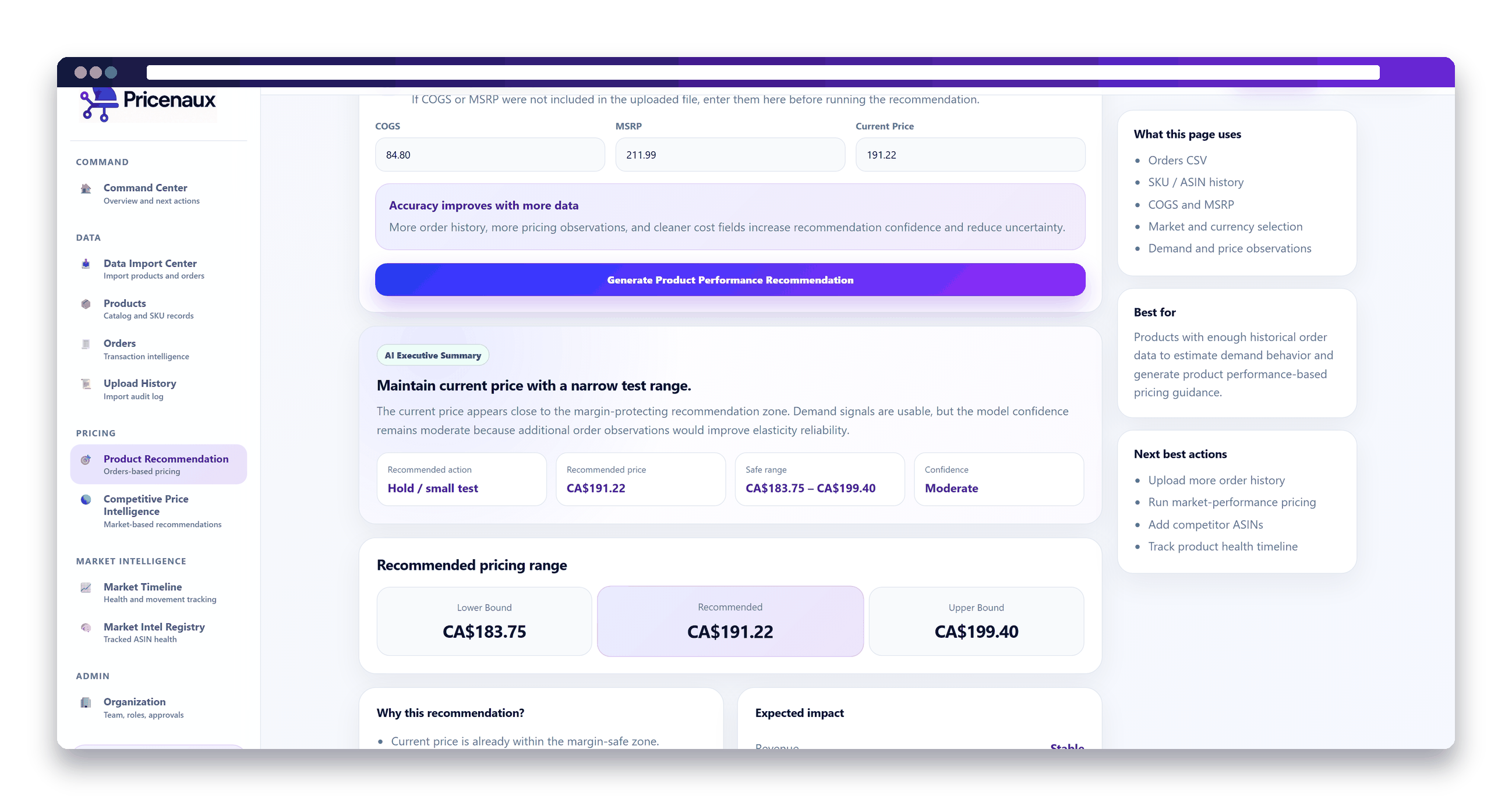 Pricenaux dashboard displaying a product performance-based pricing recommendation with a recommended price of CA$191.22, lower and upper bounds, and expected impact showing profit protected and revenue stable